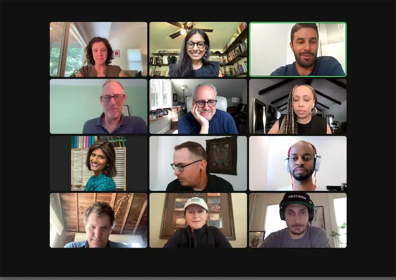Online meeting with diverse group of 11 people engaged in a video conference call.